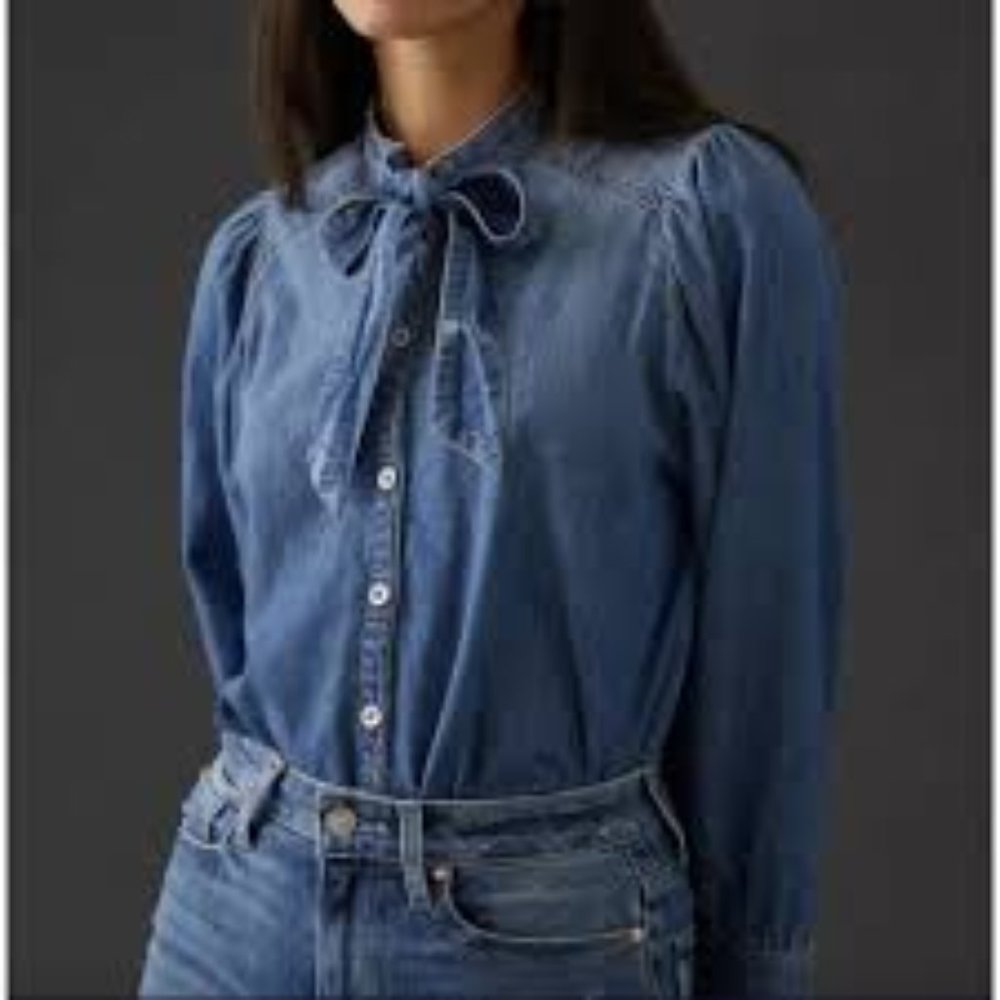 New Anthropologie Pilcro Denim Jean Tie-Neck Blouse
